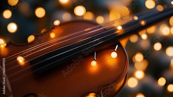Obraz A violin with strings is illuminated by soft golden bokeh lights.