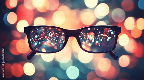 Obraz Eyeglasses reflecting blurred lights against a bokeh background.