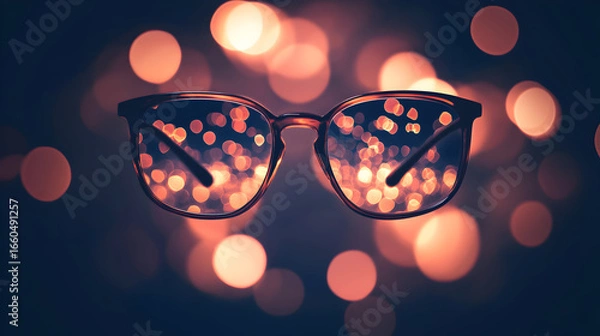 Obraz Sunglasses reflect blurred lights against a dark background creating a bokeh effect.