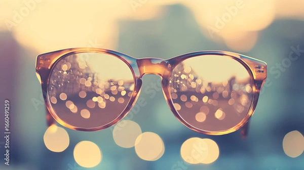 Obraz Sunglasses reflect a blurry city scene with bokeh lights in the background.