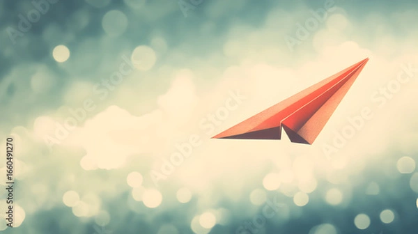 Obraz Red paper airplane soaring in a blurred sky with bokeh effects.