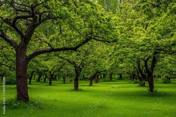 Fototapeta Lush green trees and grass in a tranquil orchard.
