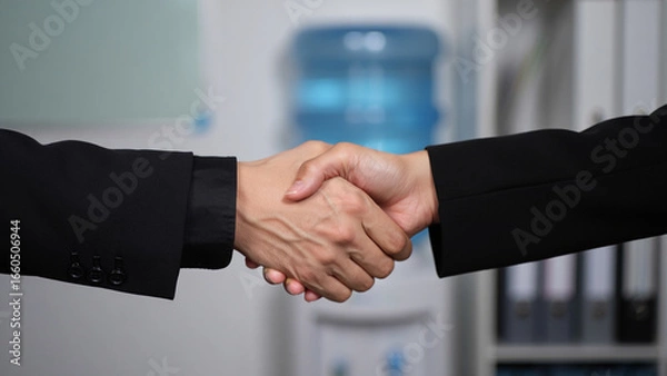 Fototapeta Two people shaking hands in an office setting with a water cooler in the background