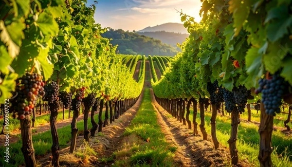 Fototapeta Vineyard Sunset with Grapes, Rows, and Hills.