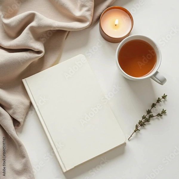 Fototapeta Minimal Flatlay with Journal, Candle and Herbal Tea