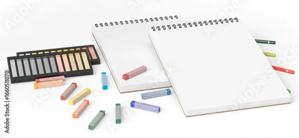 Fototapeta Blank spiral sketchbook surrounded by colorful pencils, pastel chalks, and pencil sharpeners on a white background. Artistic workspace concept. Suitable for drawing, sketching, creative design, educat