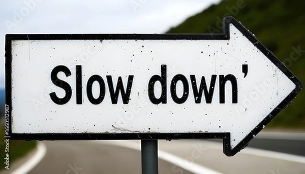 Fototapeta Realistic road sign with the words “Slow Down” in bold black letters on a bright yellow background, isolated on a clear sky street setting, traffic safety concept, highway caution symbol.