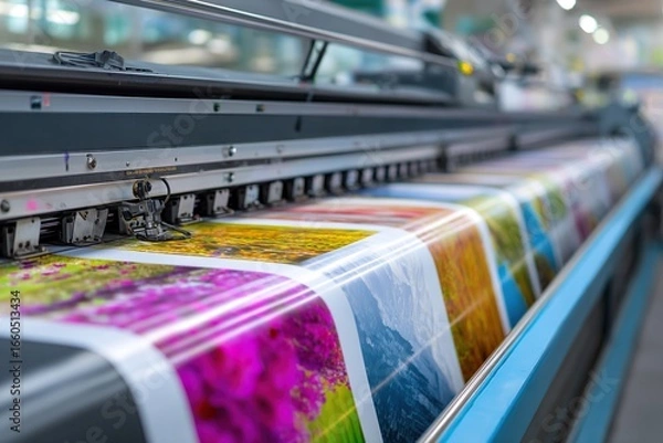 Fototapeta Large format printing of colorful images in a production facility.