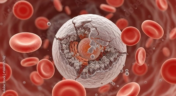 Fototapeta Microscopic 3D illustration of a diseased or cancerous cell breaking apart within the bloodstream surrounded by red blood cells