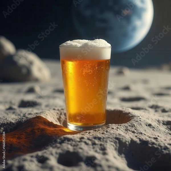 Fototapeta Refreshing beer glass standing on dusty lunar surface with earth in background.