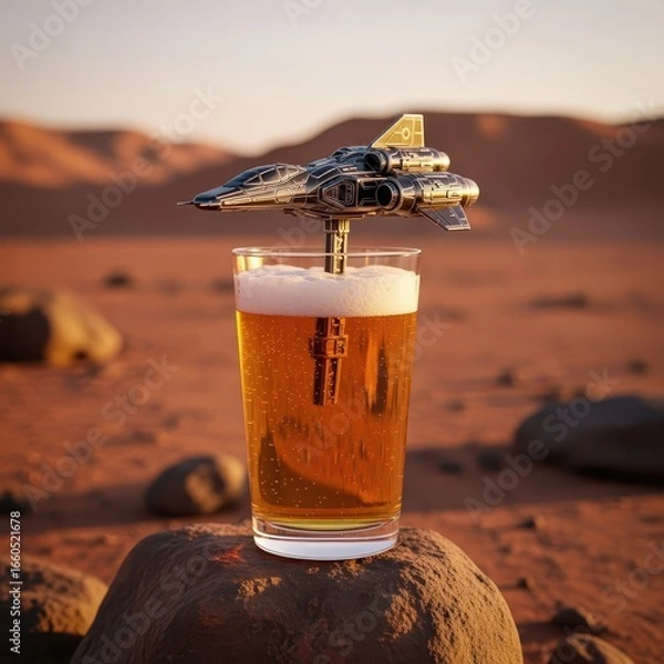 Fototapeta Futuristic beer glass with spaceship perched on rocky desert landscape at sunset.