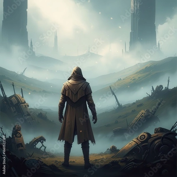 Fototapeta Mysterious hooded figure standing in foggy ruined landscape with towering spires.