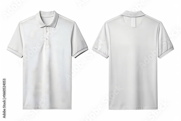 Fototapeta Two views of a plain white short sleeved collared t-shirt shown front and back isolated on transparent background