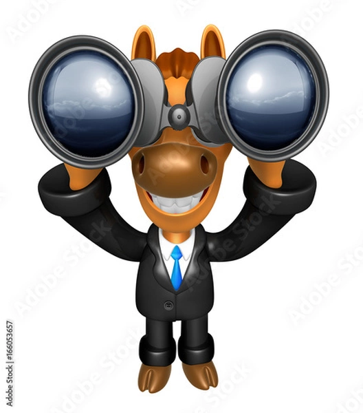 Fototapeta 3D Horse mascot in binoculars watching. 3D Animal Character Design Series.