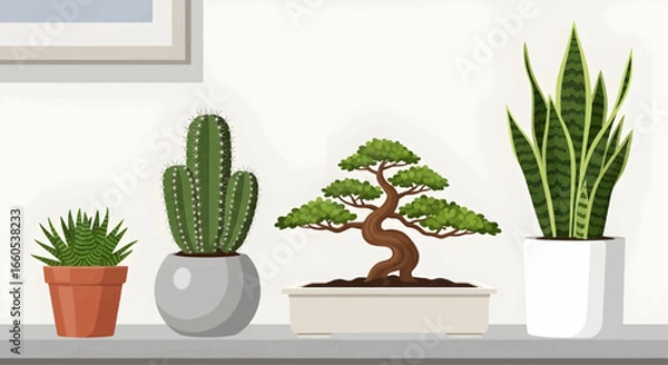 Fototapeta Houseplant vector illustration set with cactus, bonsai, and indoor greenery in modern pots for home decoration and botanical design.