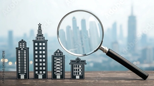 Fototapeta A magnifying glass is focused on a row of building models in front of a blurred cityscape, representing real estate, investment, and property search