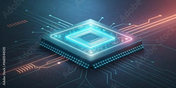 Fototapeta Glowing neon circuit board with central processor unit