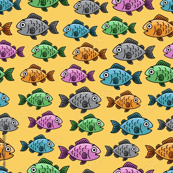 Fototapeta Seamless Vector Cartoon Cute Happy School Of Colourful Fish In Yellow Background
