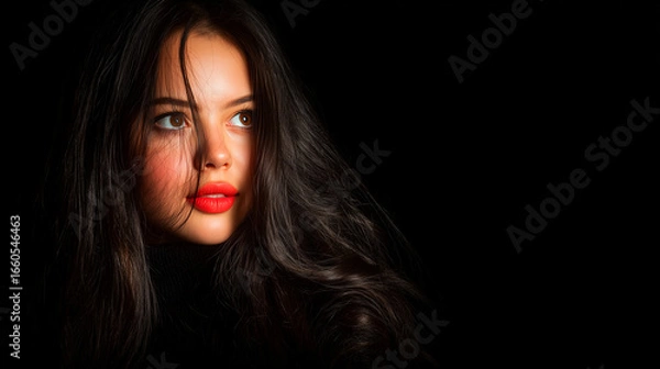Fototapeta Color portrait of a girl on a dark background.