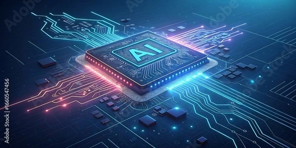 Fototapeta Futuristic ai chip illuminating digital circuits with vibrant blue and red light