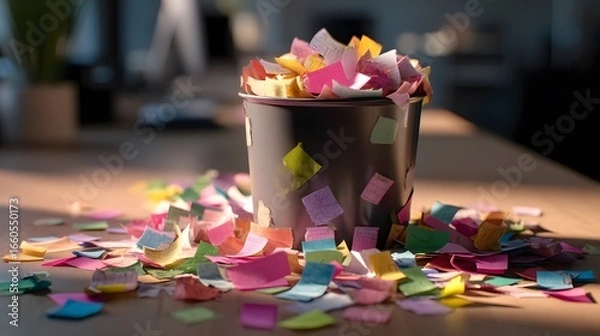 Fototapeta A trash can overflowing with colorful sticky notes on a desk