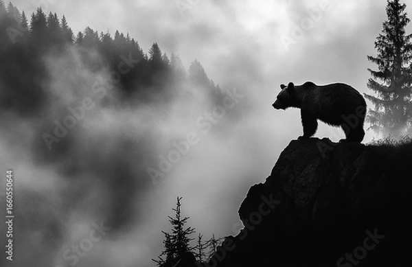 Fototapeta Majestic bear silhouette standing on a rocky cliff in a misty forest