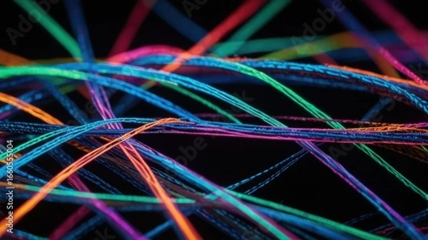 Fototapeta Closeup of Nylon Fiber Strand Texture with Intersecting Glowing Neon Threads