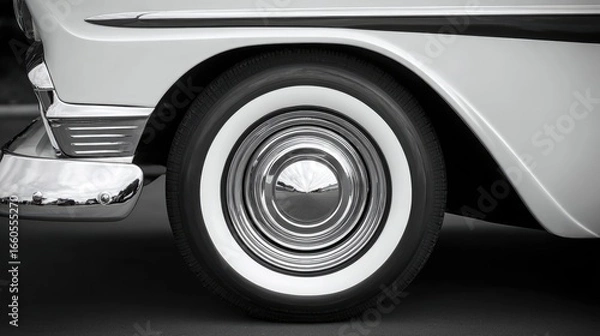 Fototapeta Close Up Of Vintage Automobile Wheel With Whitewall Tires And Chrome Hubcaps In Black And White Photography