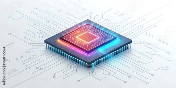 Fototapeta Glowing futuristic microprocessor on a circuit board