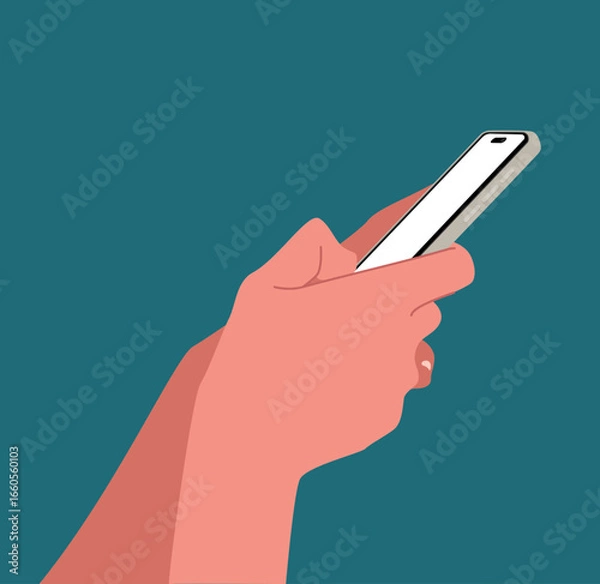 Obraz Hands using a smartphone with blank screen isolated on blue background Flat vector illustration. People chat, business time, using mobile apps, Contactless pay. Fingers touching, tapping, scrolling.