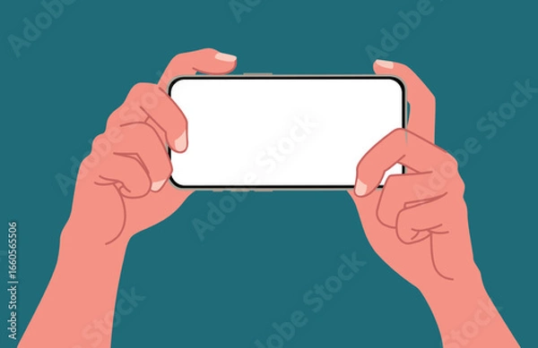 Obraz A hand using a smartphone with blank screen isolated on background Flat vector illustration. Taking picture with mobile phone front view.