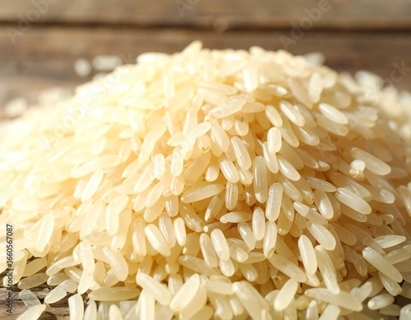 Obraz Pile of uncooked rice on a wooden surface