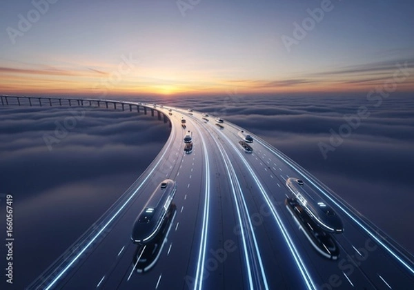 Obraz Elevated highway with futuristic vehicles driving above the clouds during a vibrant sunset, showcasing innovation and modern transportation.