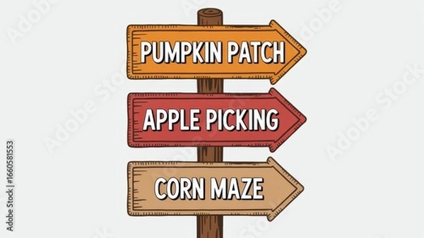 Fototapeta Rustic Fall Harvest Signpost: Pumpkin Patch, Apple Picking, Corn Maze; Hand-Drawn, Autumnal Theme