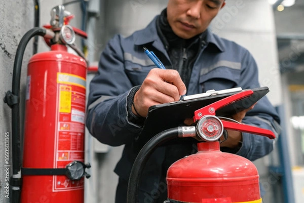 Fototapeta Engineers are checking and adjusting fire extinguishers in fire protection systems. 
