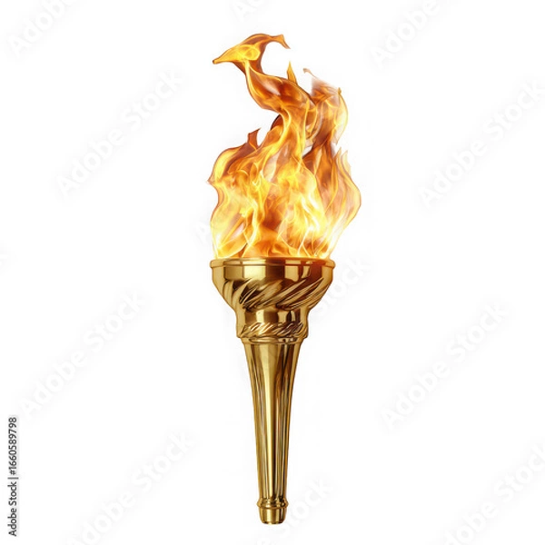 Fototapeta Golden olympic torch with burning flame isolated on transparent background, a symbol of competition, sport, and ancient tradition, representing victory and triumph