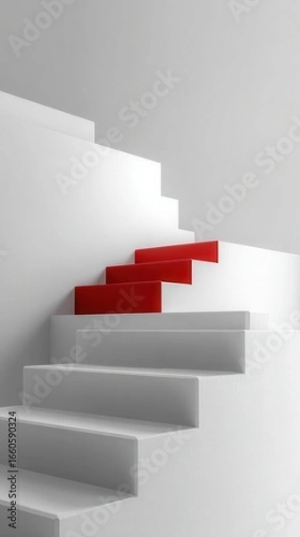 Fototapeta Stunning photo of abstract 3D render shows stairs. White steps lead upward. Red step stands out as next step. Modern design emphasizes progress, success. Blank space for product.