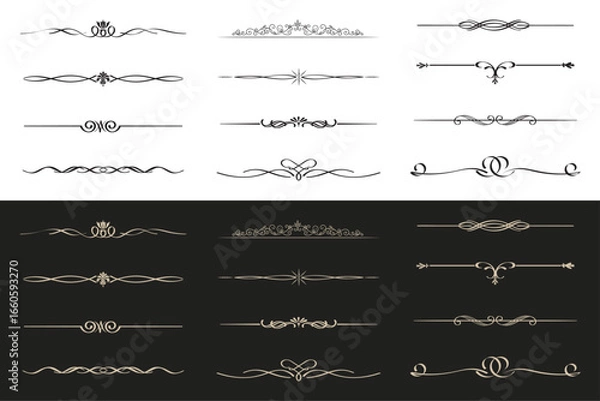 Obraz Collection of elegant decorative vintage ornamental dividers and flourishes for design and typography on white and black backgrounds