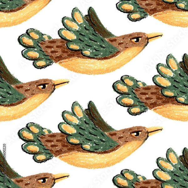Fototapeta Seamless pastel pattern. Birds with wide wings in flight. Handdrawn decorative design. Naive stylized illustration.