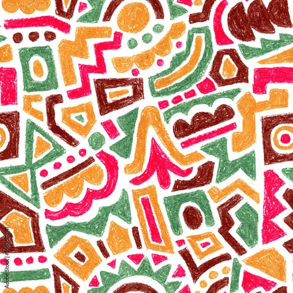 Fototapeta Seamless pastel pattern. Abstract colorful shapes and ornaments. Playful geometric decorative design. Naive art illustration.