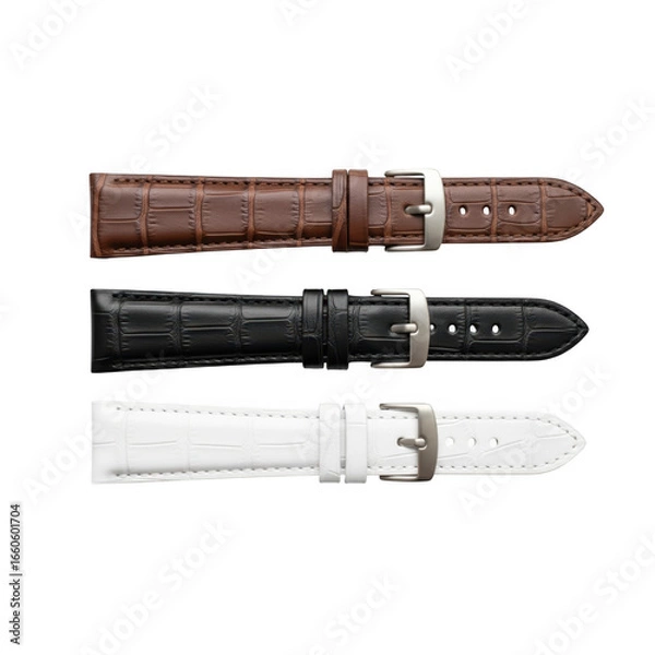 Fototapeta Three luxurious leather watch straps in brown black and white with silver buckles isolated on transparent background