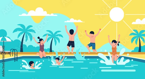 Fototapeta Joyful Family Having Summer Fun Splashing in Swimming Pool at Resort