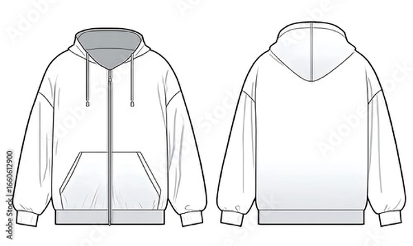 Fototapeta Zip-Up Hoodie fashion flat technical drawing template. Zip-Up Hoodie technical fashion illustration. front and back view. oversized. drop shoulder. unisex. white color. CAD mockup.