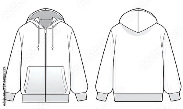 Obraz Zip-Up Hoodie fashion flat technical drawing template. Zip-Up Hoodie technical fashion illustration. front and back view. oversized. drop shoulder. unisex. white color. CAD mockup.