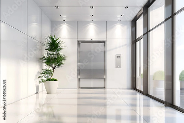 Fototapeta 自然光と観葉植物が映えるスタイリッシュなエレベーターホール