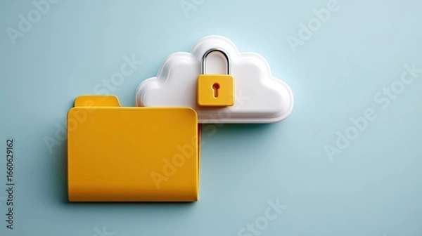 Fototapeta Secure Cloud Data Protection A Yellow Folder And Padlock Icon On A White Cloud Against A Light Blue Background Illustrates Secure Cloud Storage And
