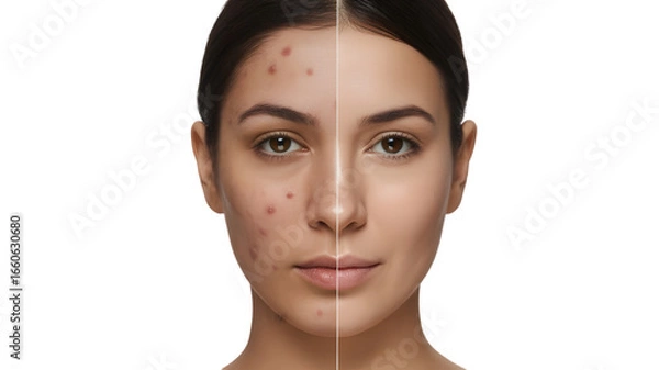 Fototapeta Split face comparison showing skin transformation from acne to clear healthy skin isolated on transparent background