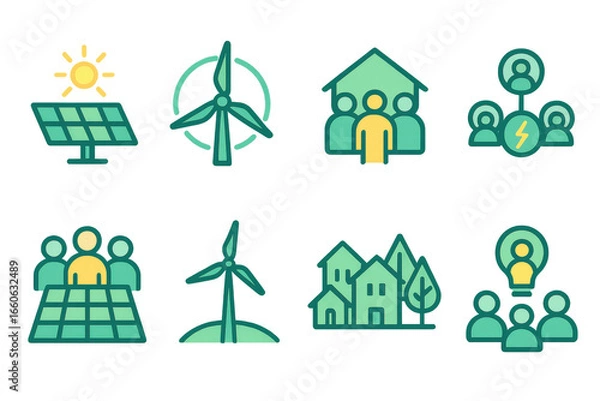 Obraz Renewable energy icons: solar, wind, and community concepts in green and yellow
