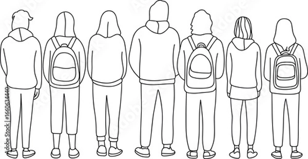 Fototapeta Back view of people in hoodies, backpacks, casual clothing, group illustration, line art, black and white drawing, standing pose