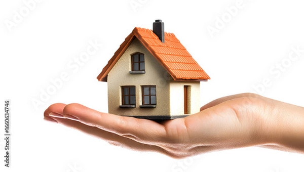 Fototapeta Hand holding small house isolated on a transparent background